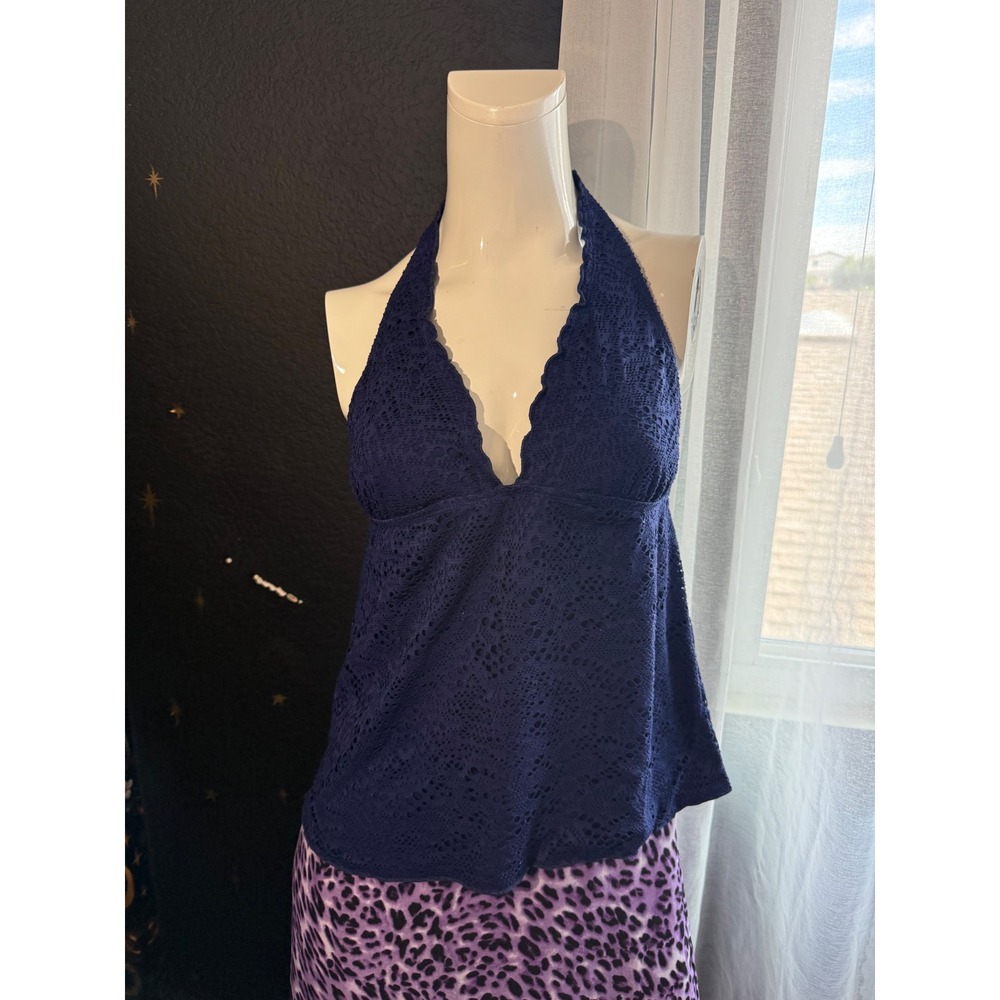 Navy Blue Crochet Lace‎ Halter top Scalloped V-Neck Eyelet Boho